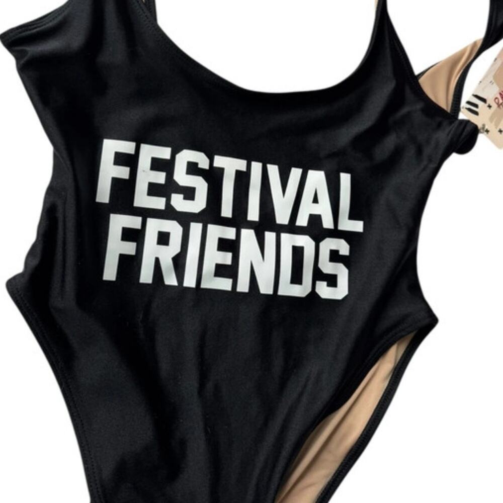 Black "FESTIVAL FRIENDS" One-Piece Swimsuit festival rave summer cheeky